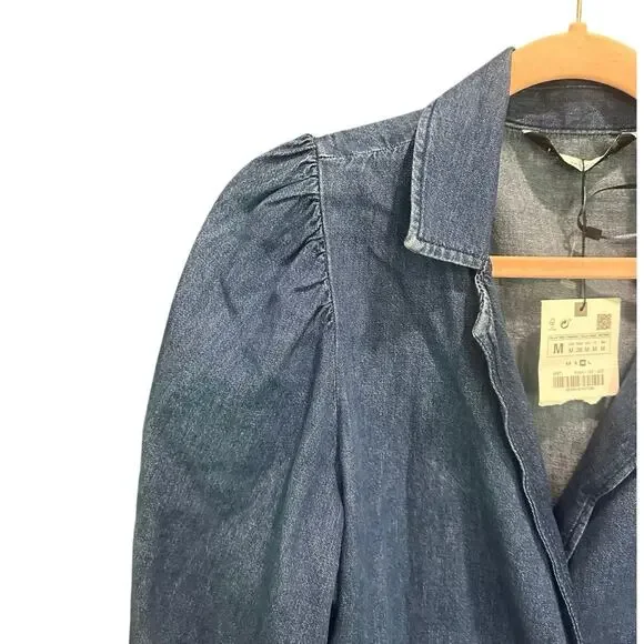 Zara Blue  Double Breasted Puff Sleeve Denim Mini Dress Blogger Favorite NEW - Picture 10 of 16